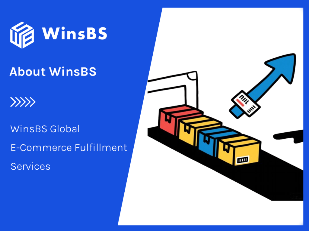 Conveyor belt moving packages beside WinsBS logo and blog title, symbolizing global eCommerce fulfillment and 3PL order fulfillment services.