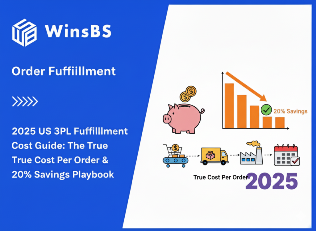 Split image with WinsBS logo and blog title on left, icons of piggy bank, savings chart, truck, factory, and calendar on right, representing cost-effective 3PL fulfillment and order fulfillment services in 2025.