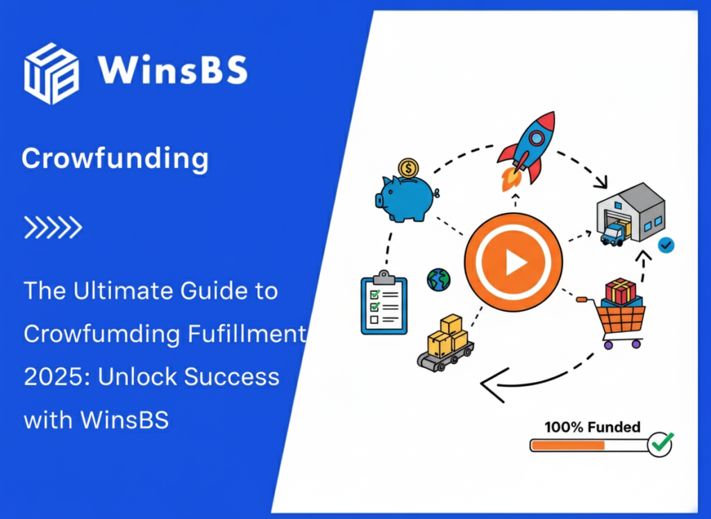Illustration with crowdfunding and fulfillment elements including rocket, warehouse, truck, shopping cart, and globe beside WinsBS logo and title, representing crowdfunding fulfillment and 3PL order fulfillment services.