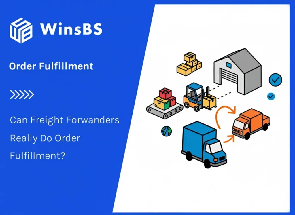 Illustration of warehouse, conveyor belt, forklift, and delivery trucks beside WinsBS logo and blog title, representing 3PL fulfillment and order fulfillment services in the logistics chain.