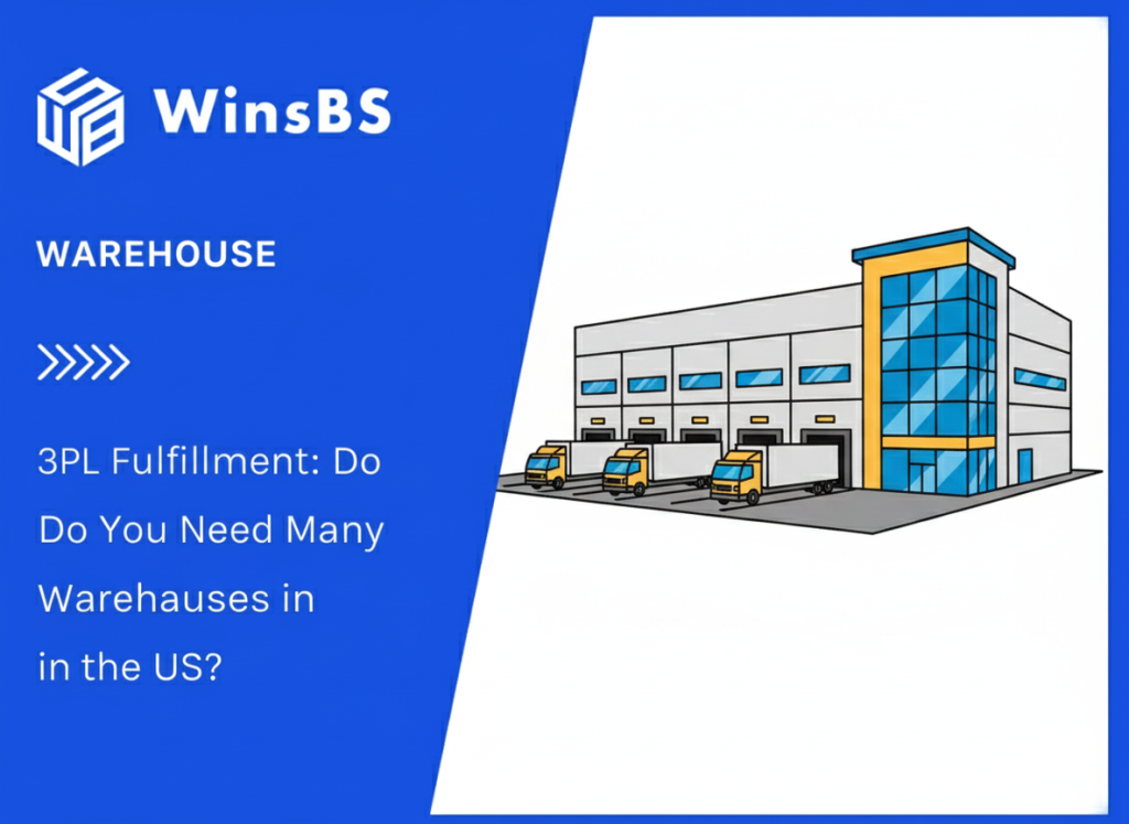 Warehouse exterior with multiple trucks beside WinsBS logo and blog title, symbolizing 3PL fulfillment, US warehouse network, and order fulfillment services.