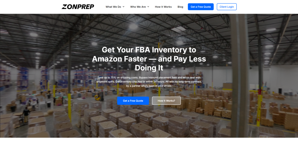 Screenshot of ZonPrep website focused on Amazon FBA prep and compliant 3PL order fulfillment services.