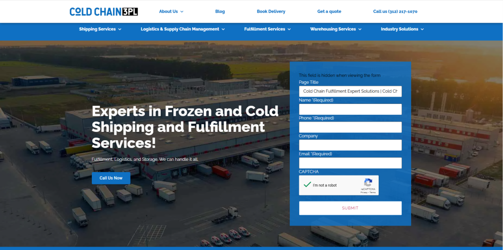 Screenshot of Cold Chain 3PL website showing temperature-controlled warehousing and regulated product order fulfillment.