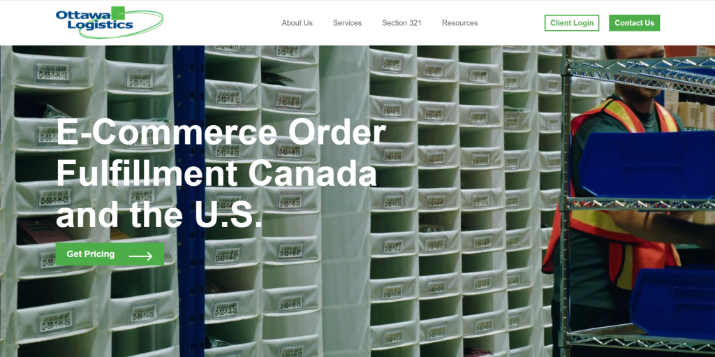 Screenshot of Ottawa Logistics website highlighting Midwest 3PL warehousing, kitting, and regional order fulfillment.