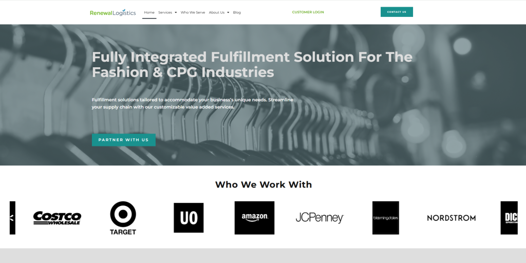 Screenshot of Renewal Logistics website featuring apparel returns processing and 3PL order fulfillment for fashion brands.