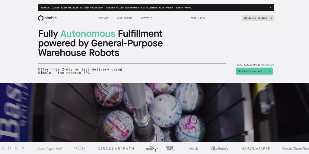 Screenshot of Nimble Fulfillment website emphasizing tech-driven 3PL order fulfillment with real-time analytics.