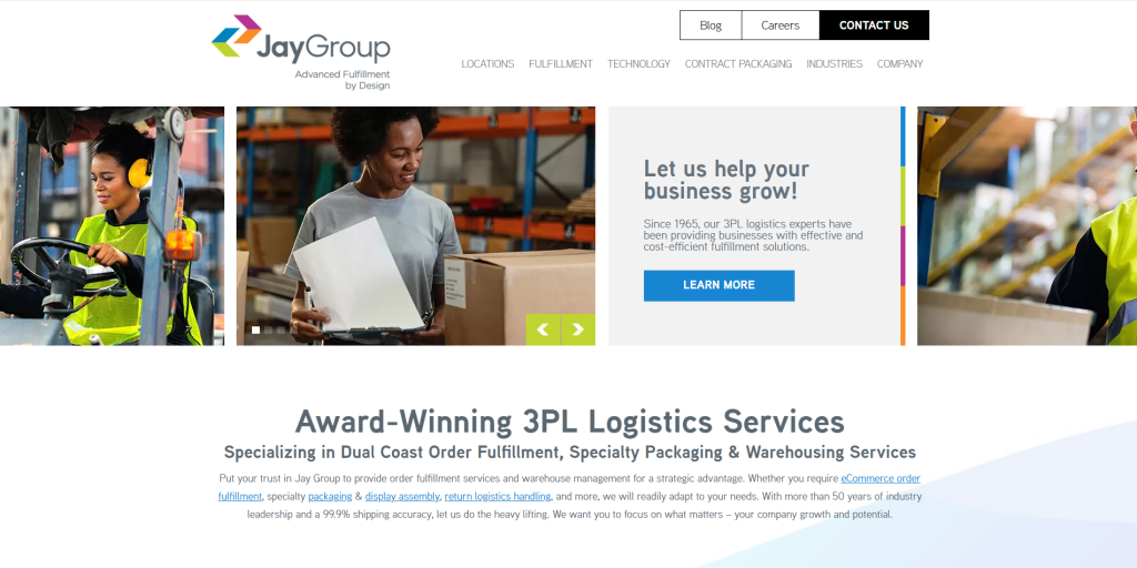 Screenshot of Jay Group website presenting family-owned 3PL services and tailored eCommerce order fulfillment.