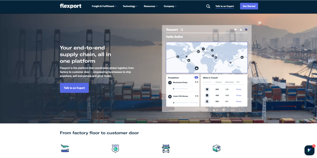 Screenshot of Flexport (Deliverr) website showing marketplace integrations and fast 3PL order fulfillment for sellers.