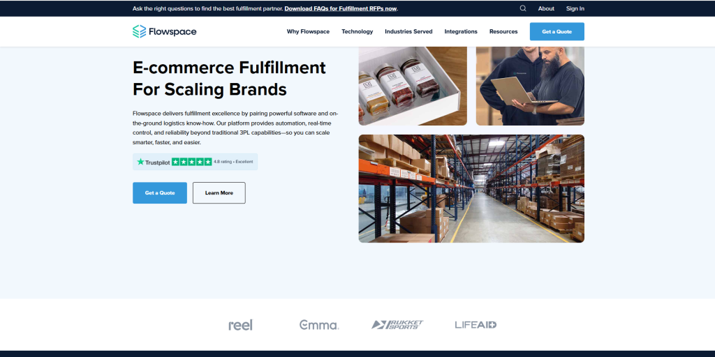 Screenshot of Flowspace website presenting on-demand warehousing and flexible 3PL order fulfillment.
