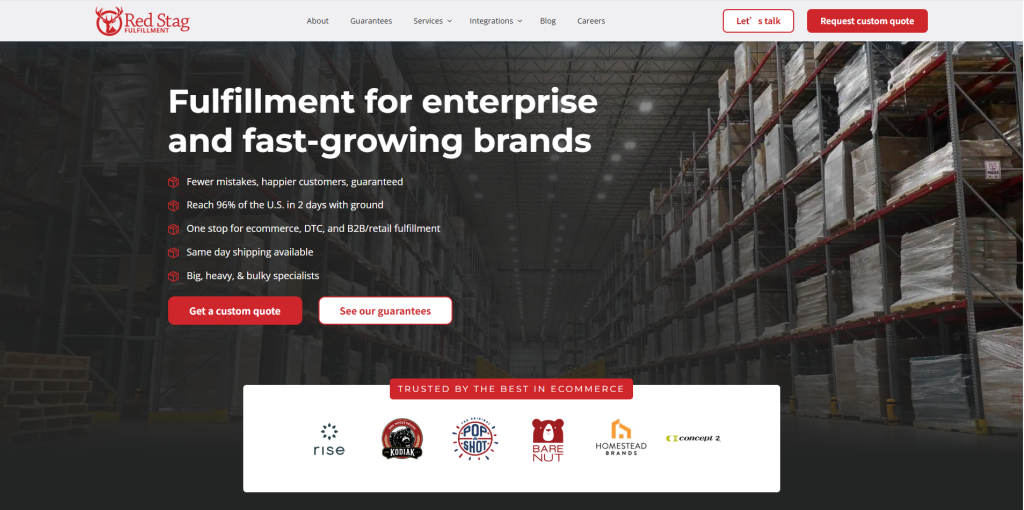 Screenshot of Red Stag Fulfillment website showcasing 3PL order fulfillment for heavy or oversized items with high accuracy guarantees.