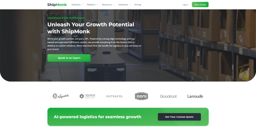 Screenshot of ShipMonk website showing multi-channel 3PL order fulfillment and inventory management for eCommerce sellers.
