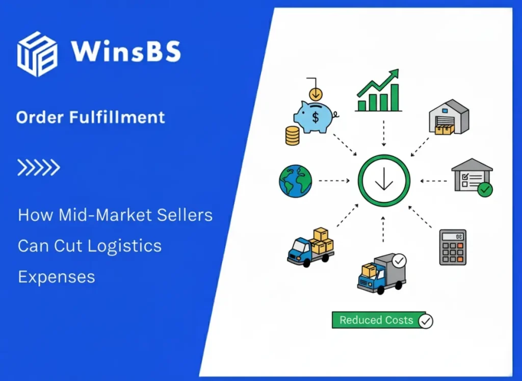Diagram with green "Reduced Costs" arrow surrounded by icons of finance, growth, warehouse, trucks, and globe beside WinsBS logo and title, symbolizing 3PL fulfillment and order fulfillment cost reduction for mid-market sellers.