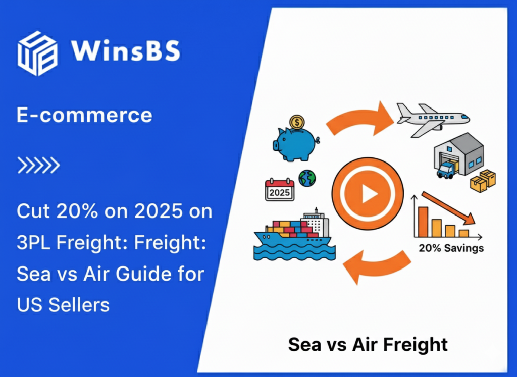 Infographic titled "Cut 20% on 2025 3PL Freight: Sea vs Air Guide for U.S. Sellers" under the E-commerce category, showing a cargo ship, airplane, warehouse, delivery truck, 2025 calendar, and a bar chart with "20% Savings", symbolizing 3PL freight, order fulfillment, and cost-saving comparison between sea and air shipping.