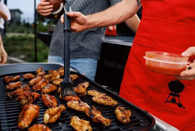 Weber tailgate grilling scene: Portable Q Series gas grill in action at a football tailgate, showcasing outdoor cooking innovation.