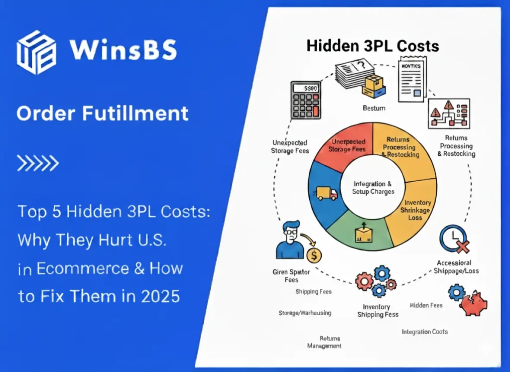 Infographic showing circular hidden 3PL cost model with U.S. map, money bag, question mark, and gear icons beside WinsBS logo and title, representing hidden 3PL costs and order fulfillment solutions for U.S. eCommerce in 2025.