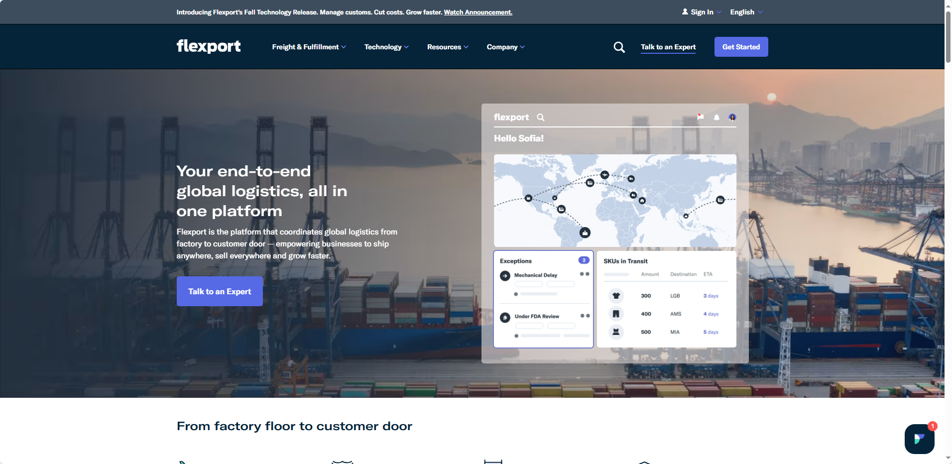 Flexport homepage preview — electronics freight and fulfillment