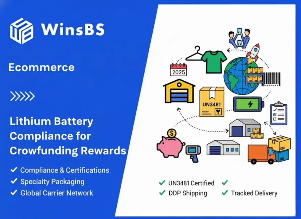 Illustration showing global crowdfunding reward shipping with a lithium battery warning package, supporter group icon, world map with airplane, and compliance checklist beside WinsBS logo and title, symbolizing safe and compliant 3PL order fulfillment for eCommerce crowdfunding.