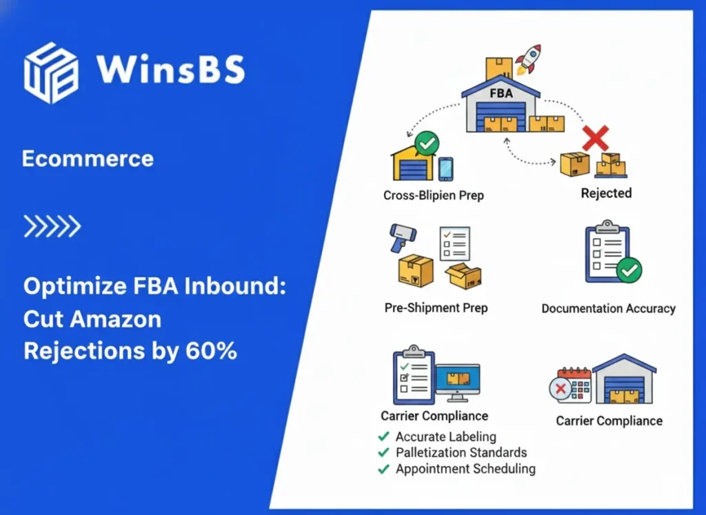 Flowchart illustrating the FBA inbound process beside WinsBS Ecommerce title, showing steps for preventing Amazon rejections through proper prep, documentation accuracy, and carrier compliance, symbolizing FBA inbound and 3PL fulfillment services.