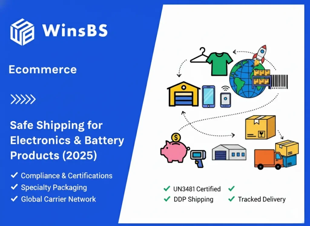 Illustration of safe shipping for electronics and battery products beside WinsBS logo and title, showing packages with lithium battery warning labels, airplane, truck, security scanner, and warehouse, symbolizing compliant 3PL fulfillment and order fulfillment services.