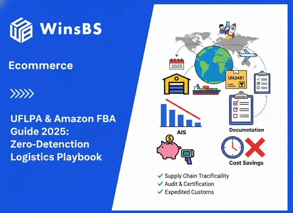 WinsBS logo and blog title "UFLPA & Amazon FBA Guide 2025: Zero-Detention Logistics Playbook" beside an illustration showing compliance documents, global trade routes, and supply chain traceability icons, symbolizing 3PL order fulfillment and efficient FBA logistics under UFLPA regulations.