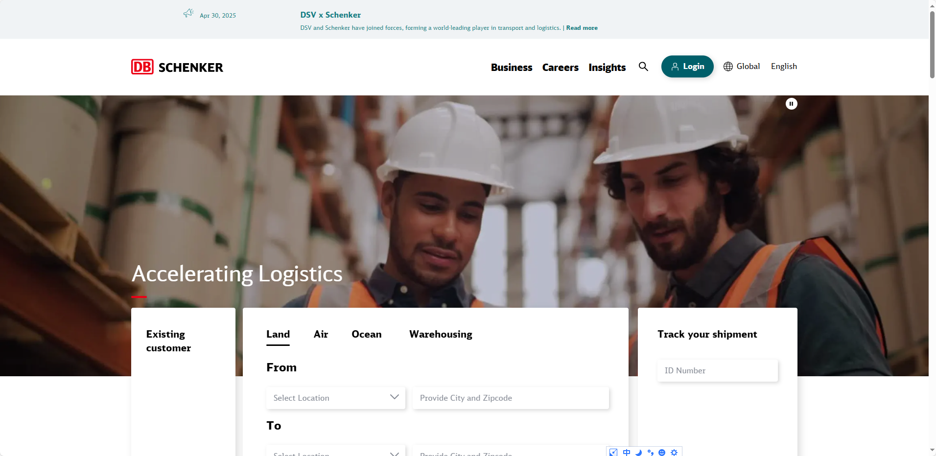 DB Schenker homepage preview — industrial electronics logistics