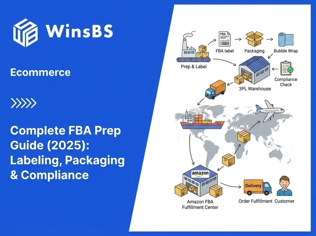 WinsBS logo with title "Complete FBA Prep Guide (2025): Labeling, Packaging & Compliance" beside a flat-style global supply chain diagram showing China origin, 3PL warehouse, inventory management, international shipping, customs clearance, and final order fulfillment.