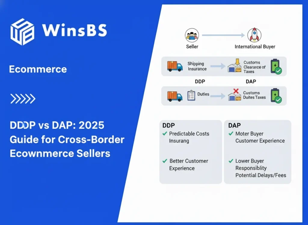 DDP vs DAP cross-border eCommerce illustration beside WinsBS logo and title, showing trade terms, duties, taxes, and shipping responsibilities for 3PL fulfillment and order fulfillment services.