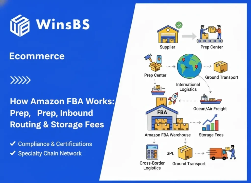 Amazon FBA workflow graphic with WinsBS branding and title, showing supplier to prep center to international logistics to Amazon FBA warehouse, symbolizing 3PL order fulfillment, cross-border logistics, and storage fee processes.