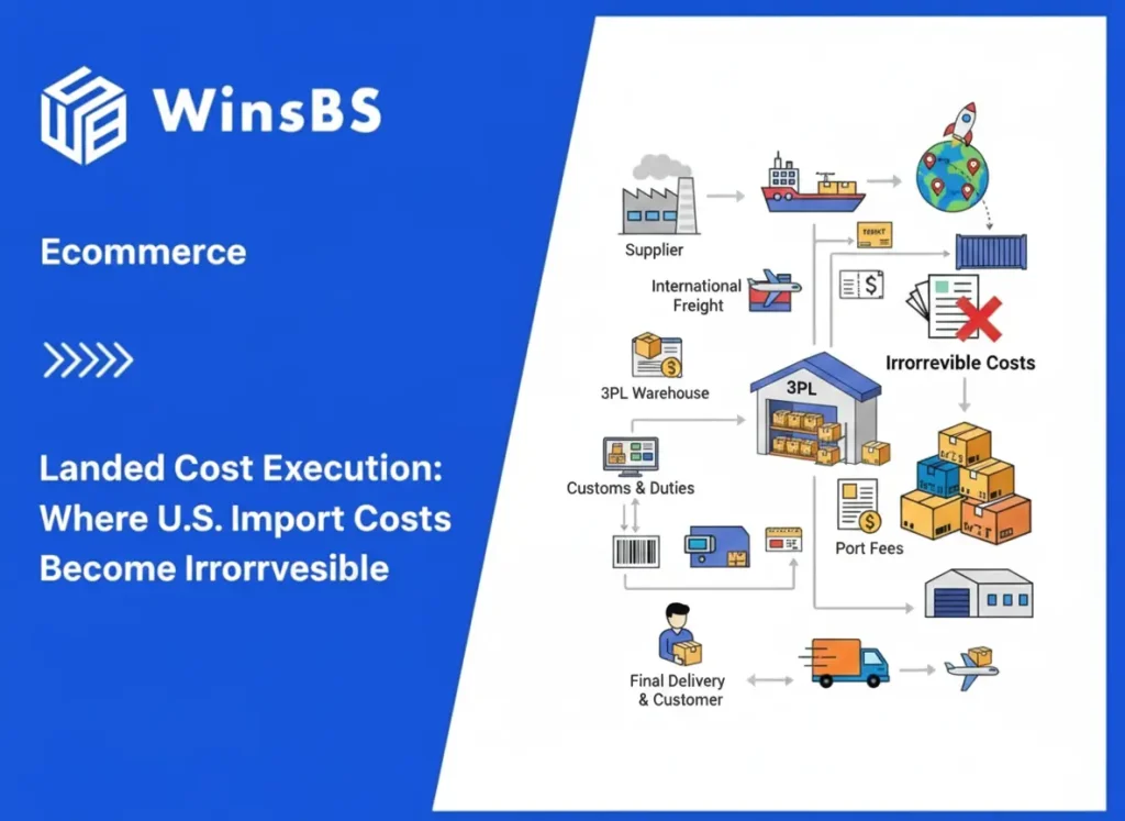 Logistics flow diagram beside WinsBS logo and title, illustrating supplier, international freight, customs, 3PL warehouse, irreversible import costs, and final delivery, highlighting 3PL order fulfillment and landed cost execution.