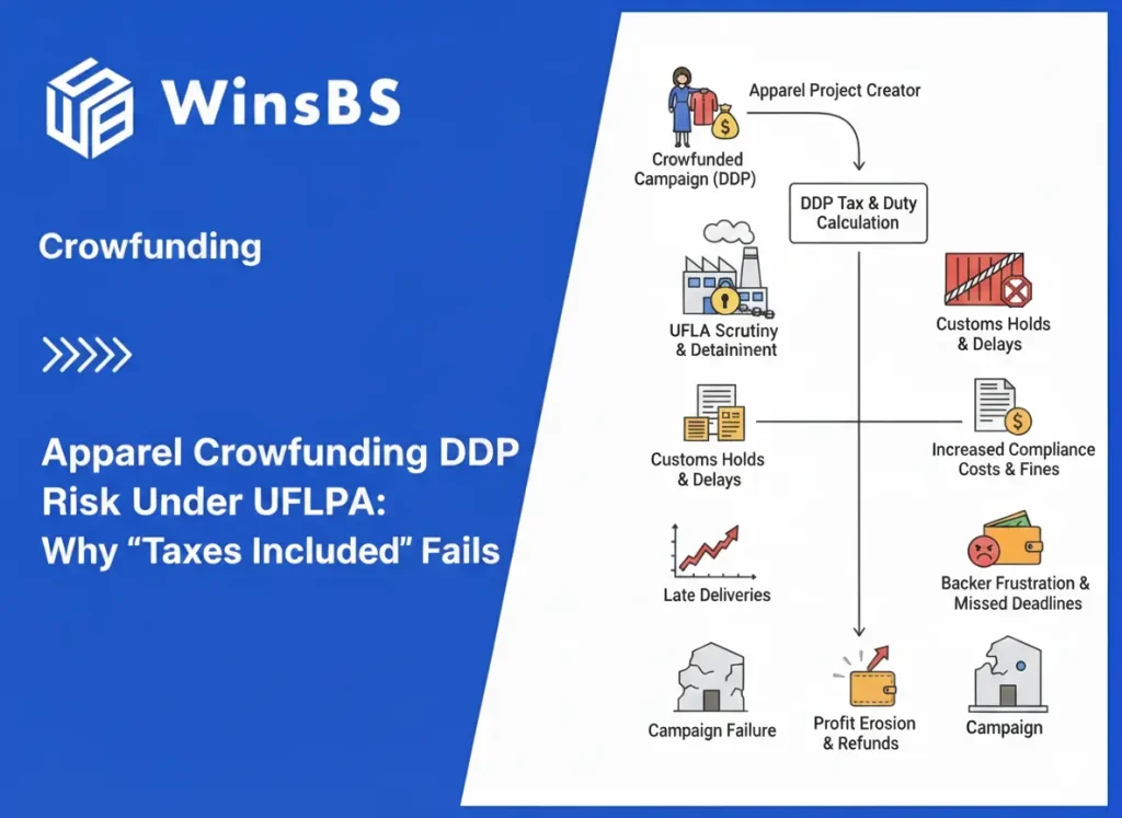 Infographic showing apparel crowdfunding DDP order fulfillment risks under UFLPA, illustrating DDP tax calculation, UFLPA scrutiny, customs delays, rising compliance costs, backer frustration, and campaign failure impacting apparel order fulfillment.