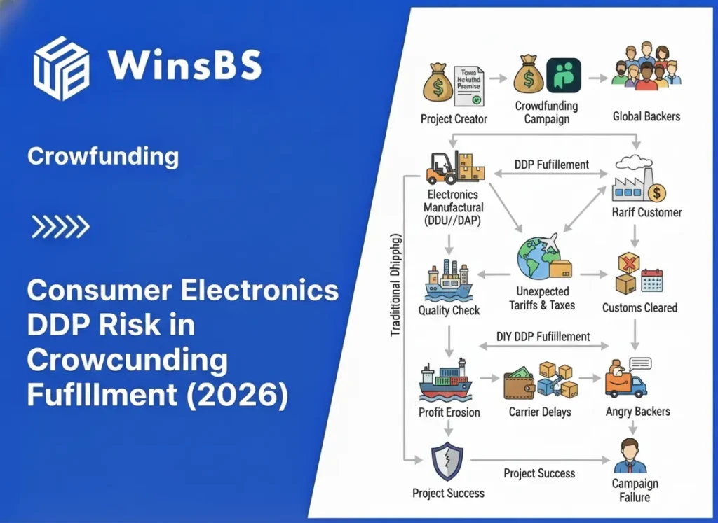 Infographic showing crowdfunding fulfillment risks for consumer electronics under DDP in 2026, with WinsBS branding, a DDP tax trap, logistics flow from creators to backers, and outcomes including cost overruns, reputational damage, and campaign failure.