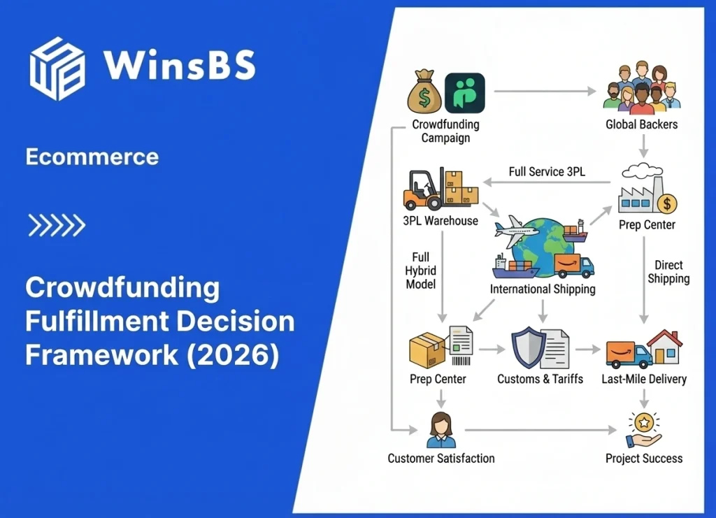 Crowdfunding fulfillment framework illustration beside WinsBS logo and title, showing backers, product packaging, 3PL warehousing, international logistics, and final order fulfillment delivery.