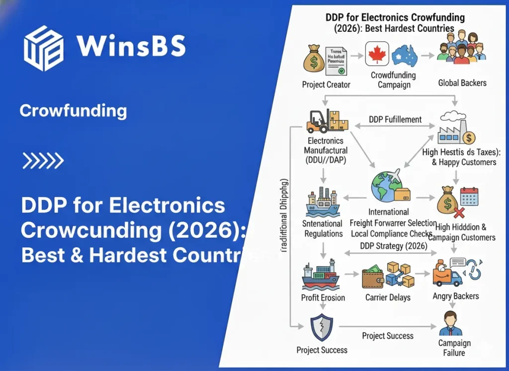 Infographic showing DDP for electronics crowdfunding in 2026 beside WinsBS logo and title, illustrating cross-border order fulfillment, taxes, tariffs, and global logistics routes for successful or failed campaigns.