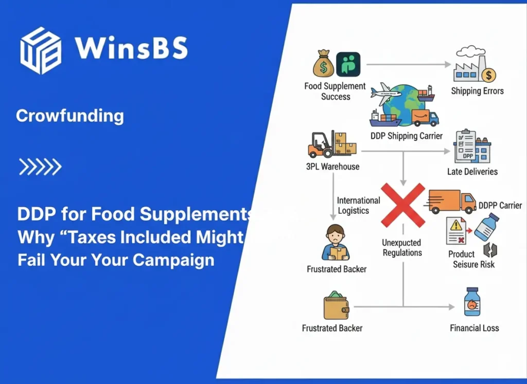 WinsBS infographic showing crowdfunding DDP order fulfillment risks for food supplements in 2026, illustrating 3PL warehouse handling, DDP shipping, international logistics, regulatory risks, product seizure, and potential financial loss.