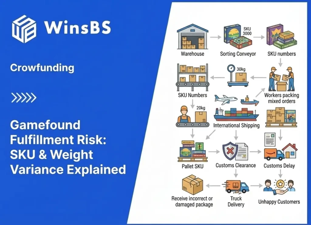 WinsBS infographic on Gamefound crowdfunding fulfillment, illustrating SKU variation and weight variance risks with board game boxes, scales, warehouse sorting, and cross-border shipping for order fulfillment.