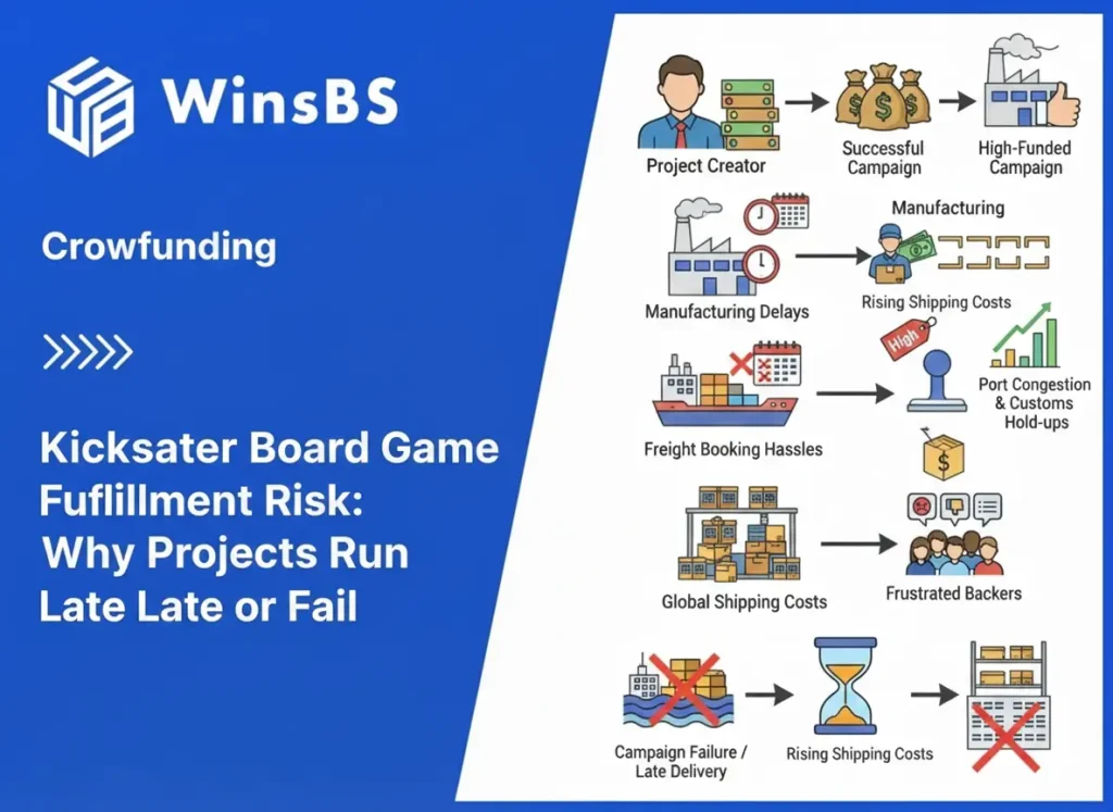 Blue and white crowdfunding logistics risk diagram with WinsBS logo and title on the left, and an illustrated supply chain showing manufacturing delays, shipping disruptions, port congestion, and delayed board game fulfillment for Kickstarter projects.