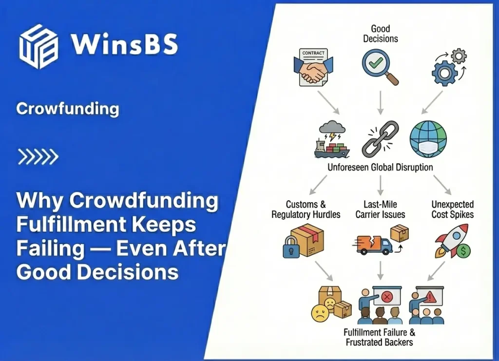 WinsBS infographic with blue-and-white split layout explaining why crowdfunding fulfillment fails despite good decisions, illustrating 3PL order fulfillment risks across production, cross-border logistics, and external disruptions.