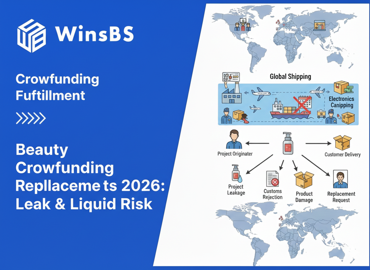 Logistics risk management poster for beauty crowdfunding fulfillment, featuring a cosmetic pump bottle surrounded by leakage, customs rejection, product damage, and replacement request icons, symbolizing cross-border order fulfillment risk in 2026.