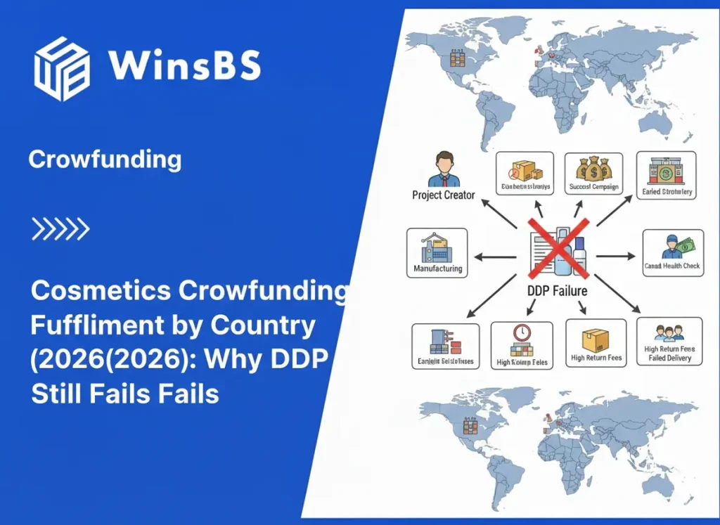 WinsBS infographic showing global cosmetics crowdfunding fulfillment in 2026, with DDP failure highlighted across creators, manufacturing, warehousing, customs checks, and successful campaigns on a world map.