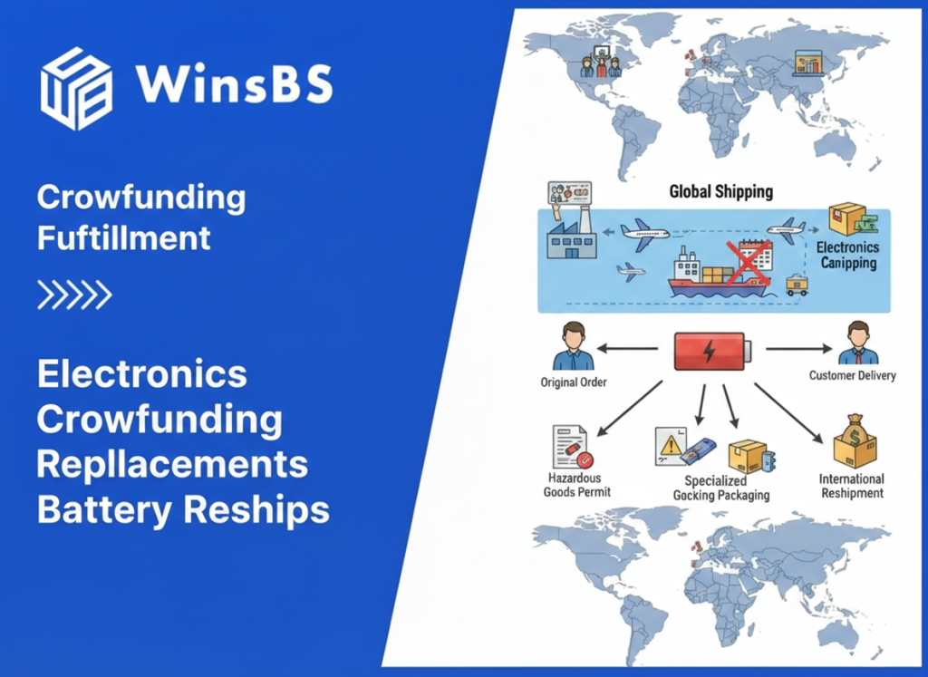 Global logistics graphic for Electronics Crowdfunding Battery Reships beside WinsBS logo, highlighting hazardous goods handling and international crowdfunding order fulfillment.