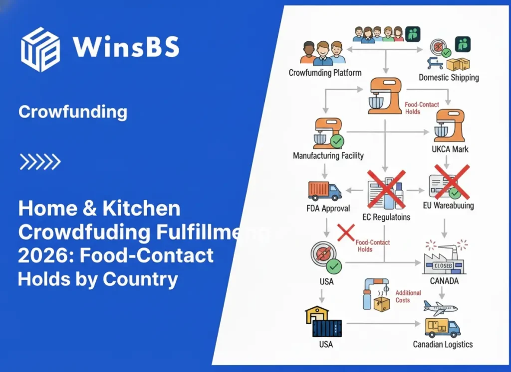 Crowdfunding kitchen appliance fulfillment flow with food-contact regulatory checkpoints across the U.S., Canada, and EU beside WinsBS logo, symbolizing cross-border 3PL fulfillment and compliance-driven order fulfillment risks.