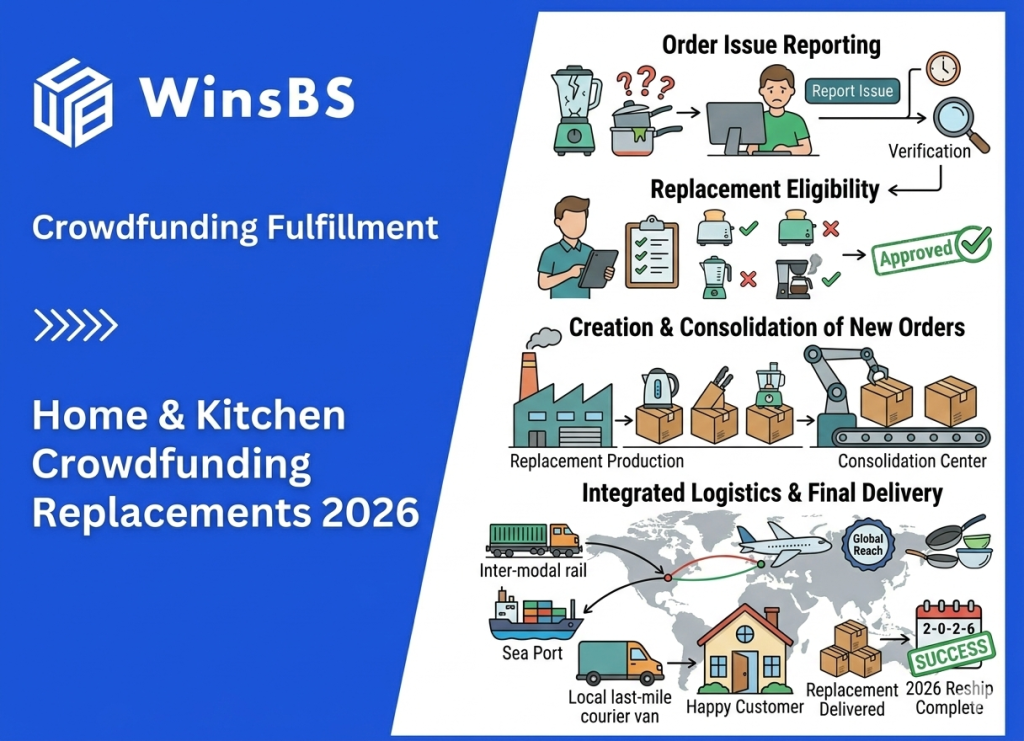 Crowdfunding replacement workflow for home and kitchen products beside WinsBS logo and title, showing damage feedback, eligibility review, production, and global 3PL order fulfillment leading to successful 2026 reshipment.
