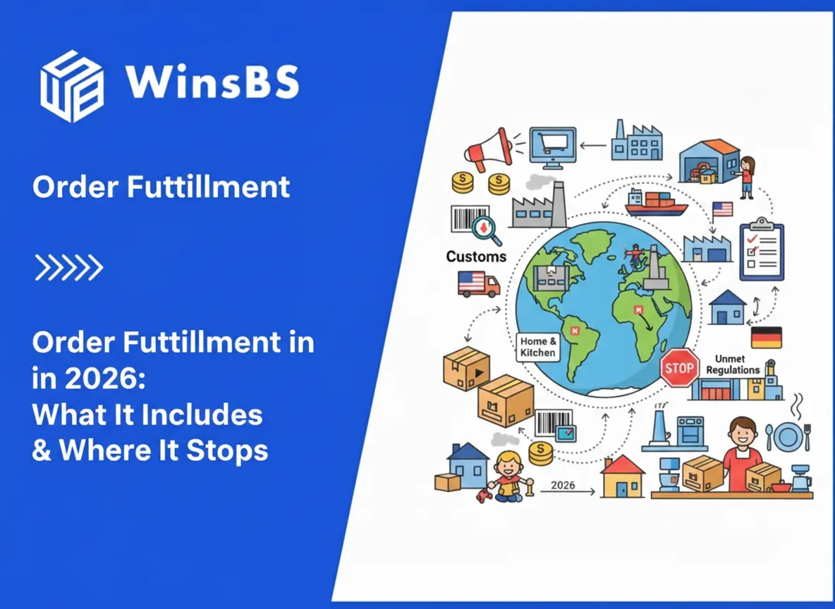 Global supply chain illustration with cargo ships, trucks, warehouses, customs checkpoints, and international flags beside WinsBS logo and title, symbolizing global order fulfillment and cross-border 3PL fulfillment services.