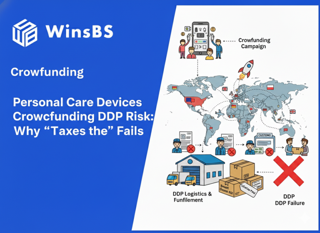 Crowdfunding logistics risk diagram beside WinsBS logo and title, showing a global shipping flow with warehouse and transport icons, highlighting DDP failure and order fulfillment risks for personal care devices crowdfunding.