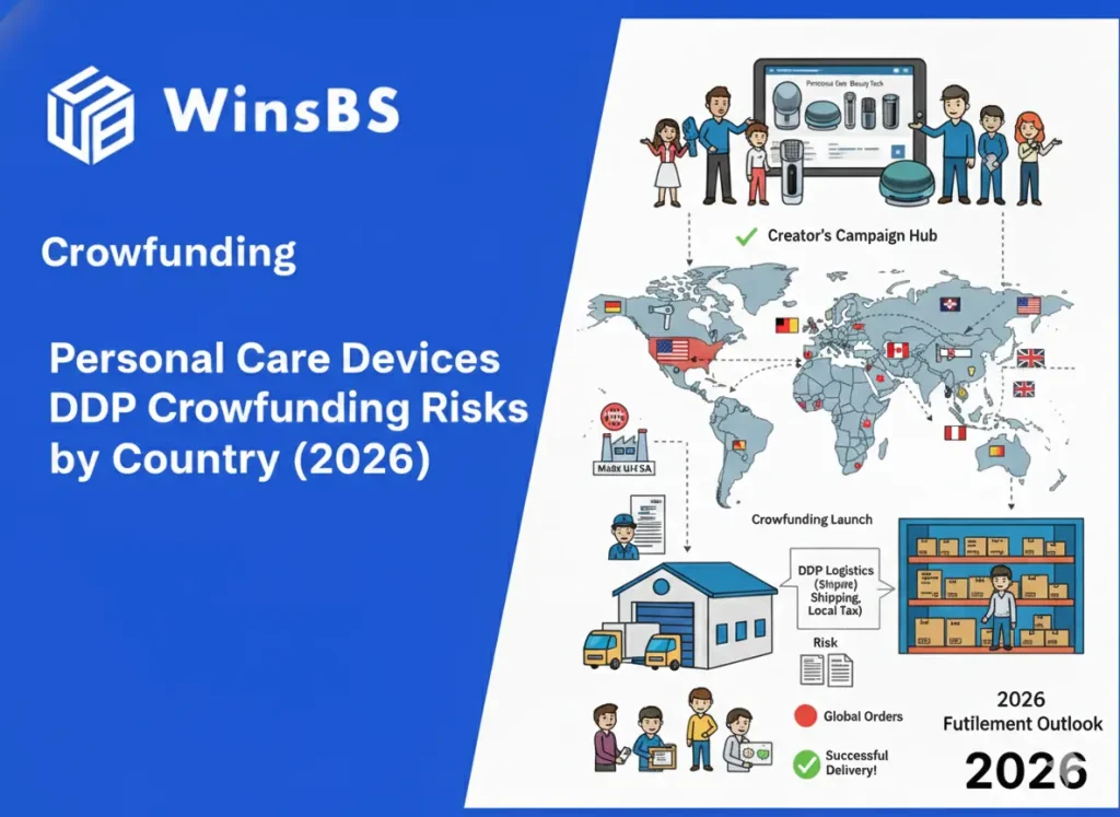 WinsBS logo and title "Personal Care Devices DDP Crowdfunding Risks by Country (2026)" beside an illustrated crowdfunding control hub, global shipping routes, and modern automated warehouse, symbolizing crowdfunding fulfillment, global order fulfillment, and DDP fulfillment risk management.