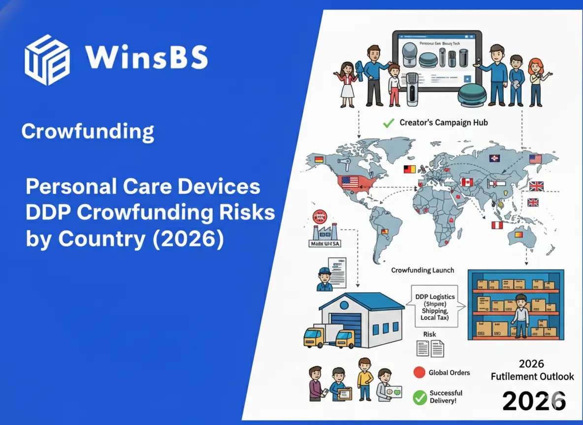 WinsBS logo and title "Personal Care Devices DDP Crowdfunding Risks by Country (2026)" beside an illustrated crowdfunding control hub, global shipping routes, and modern automated warehouse, symbolizing crowdfunding fulfillment, global order fulfillment, and DDP fulfillment risk management.