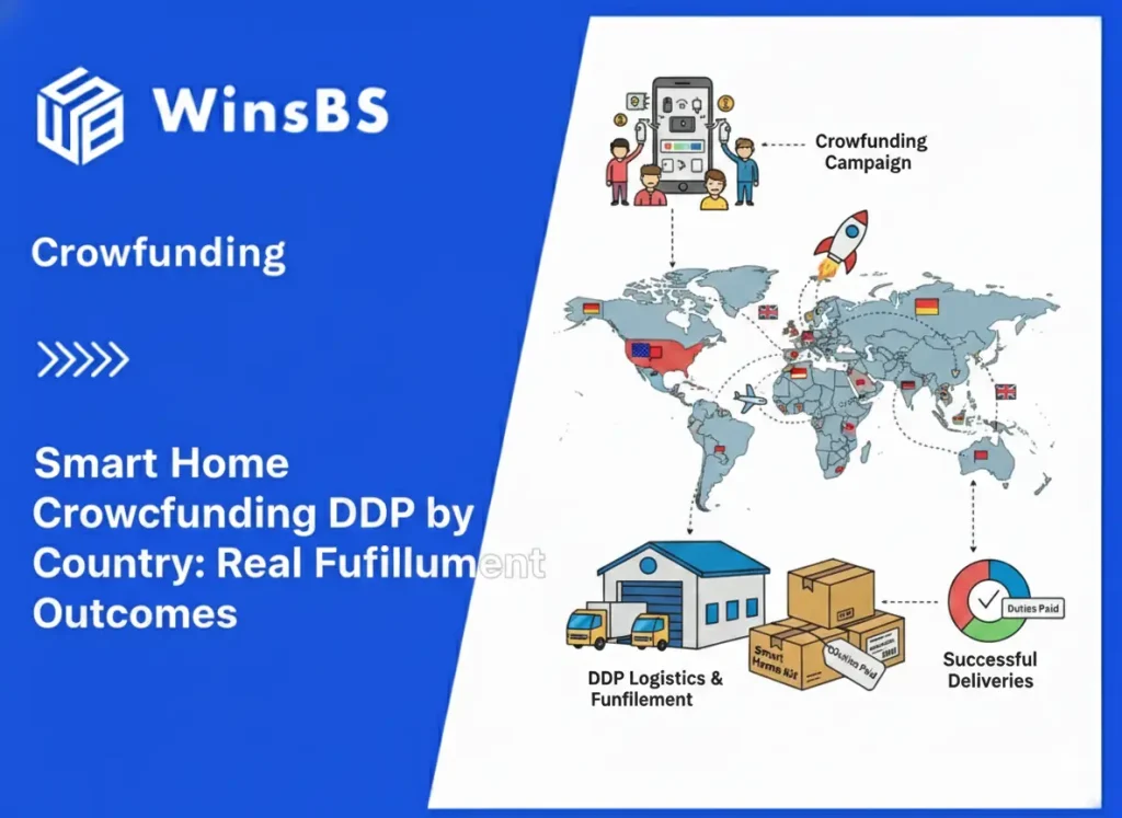 Crowdfunding logistics infographic with WinsBS logo and title beside a global shipping flow showing map, cargo plane, truck, overseas warehouse, and smart home package marked “Duties Paid”, symbolizing DDP crowdfunding fulfillment and cross-border order fulfillment services.