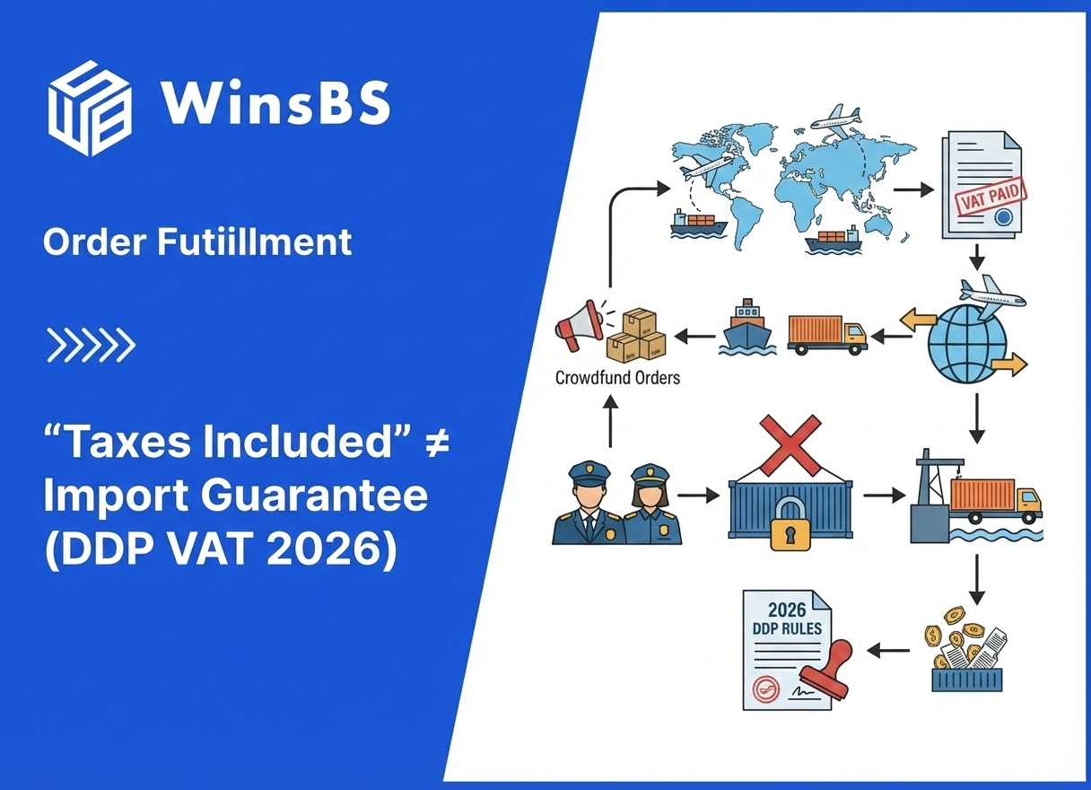 Cross-border logistics infographic beside WinsBS logo and title, showing VAT paid documents, global shipping routes, customs inspection, and a locked container symbolizing DDP order fulfillment risks and import compliance in crowdfunding fulfillment.