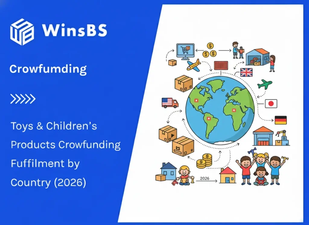 WinsBS logo with title "Toys & Children’s Products Crowdfunding Fulfillment by Country (2026)", showing a global crowdfunding order fulfillment workflow from online orders and overseas warehousing to cross-border shipping and worldwide delivery.