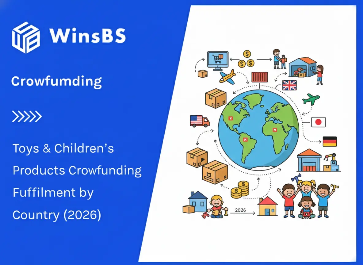 WinsBS logo with title "Toys & Children’s Products Crowdfunding Fulfillment by Country (2026)", showing a global crowdfunding order fulfillment workflow from online orders and overseas warehousing to cross-border shipping and worldwide delivery.